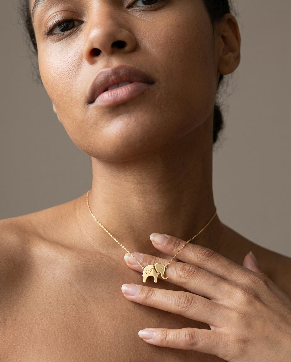 Personalized Initial Elephant Necklace in Gold - Dainty Charm Gift