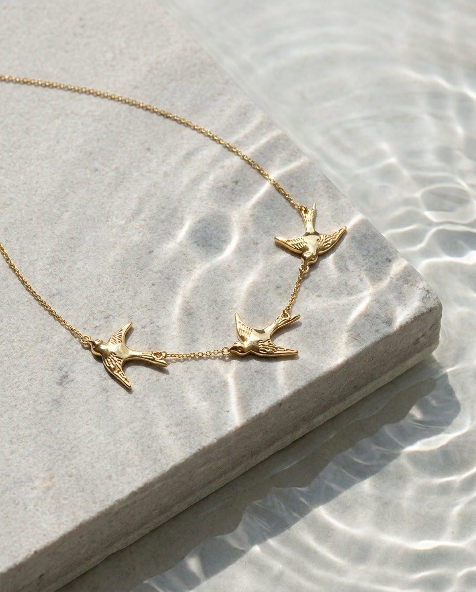 Dainty Gold Swallow Flight Necklace - Minimalist Bird Charm Jewelry