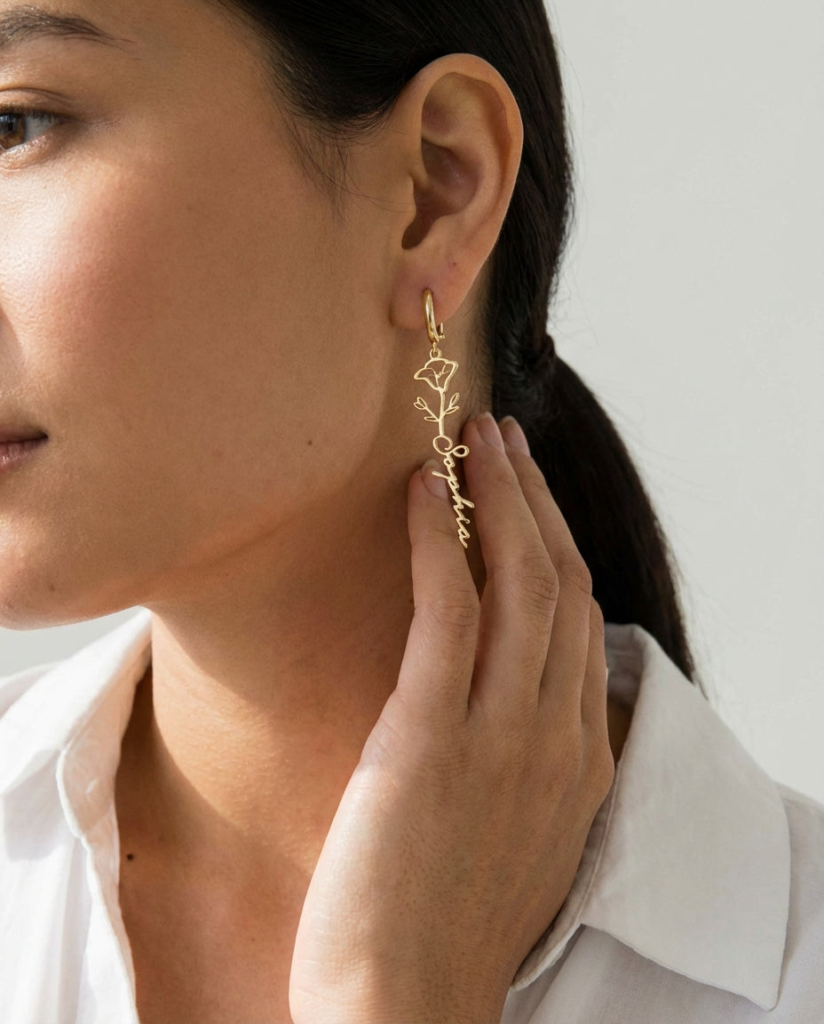 Personalized Birth Flower Name Earring - Custom Gold Jewelry