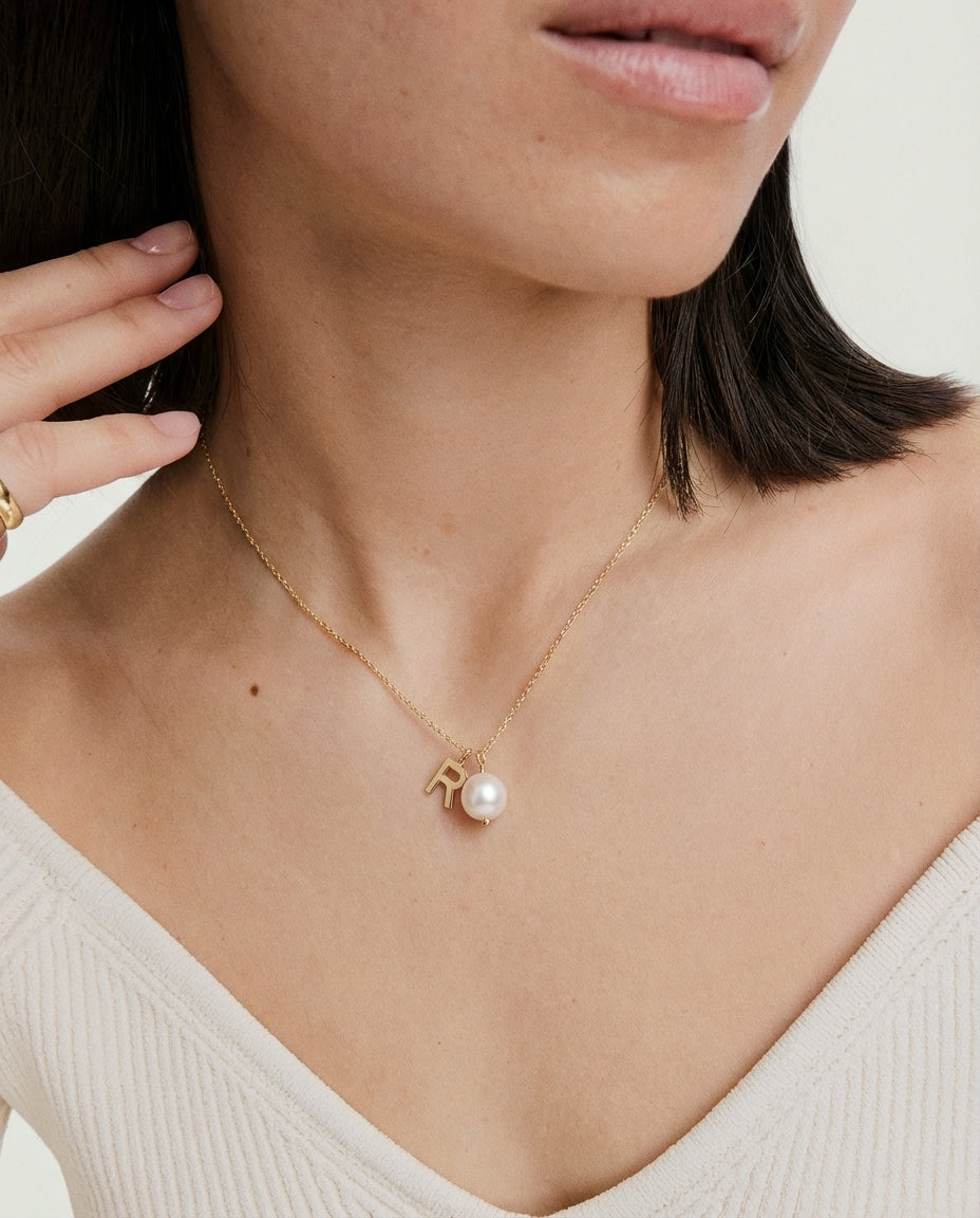 Gold Initial Pearl Necklace - Personalized Letter Charm Jewelry