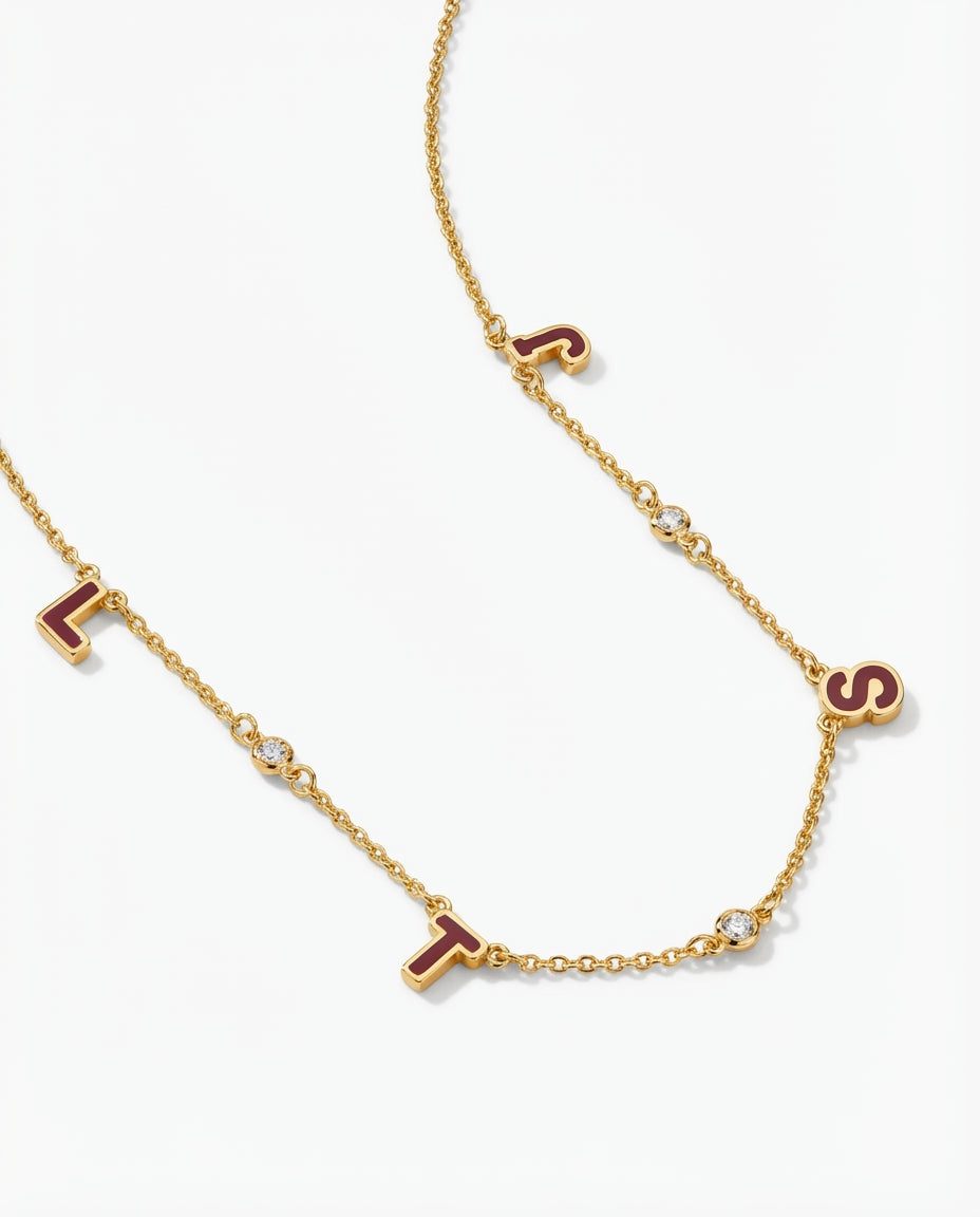 Custom Enamel Initial & Diamond Station Necklace - Gold