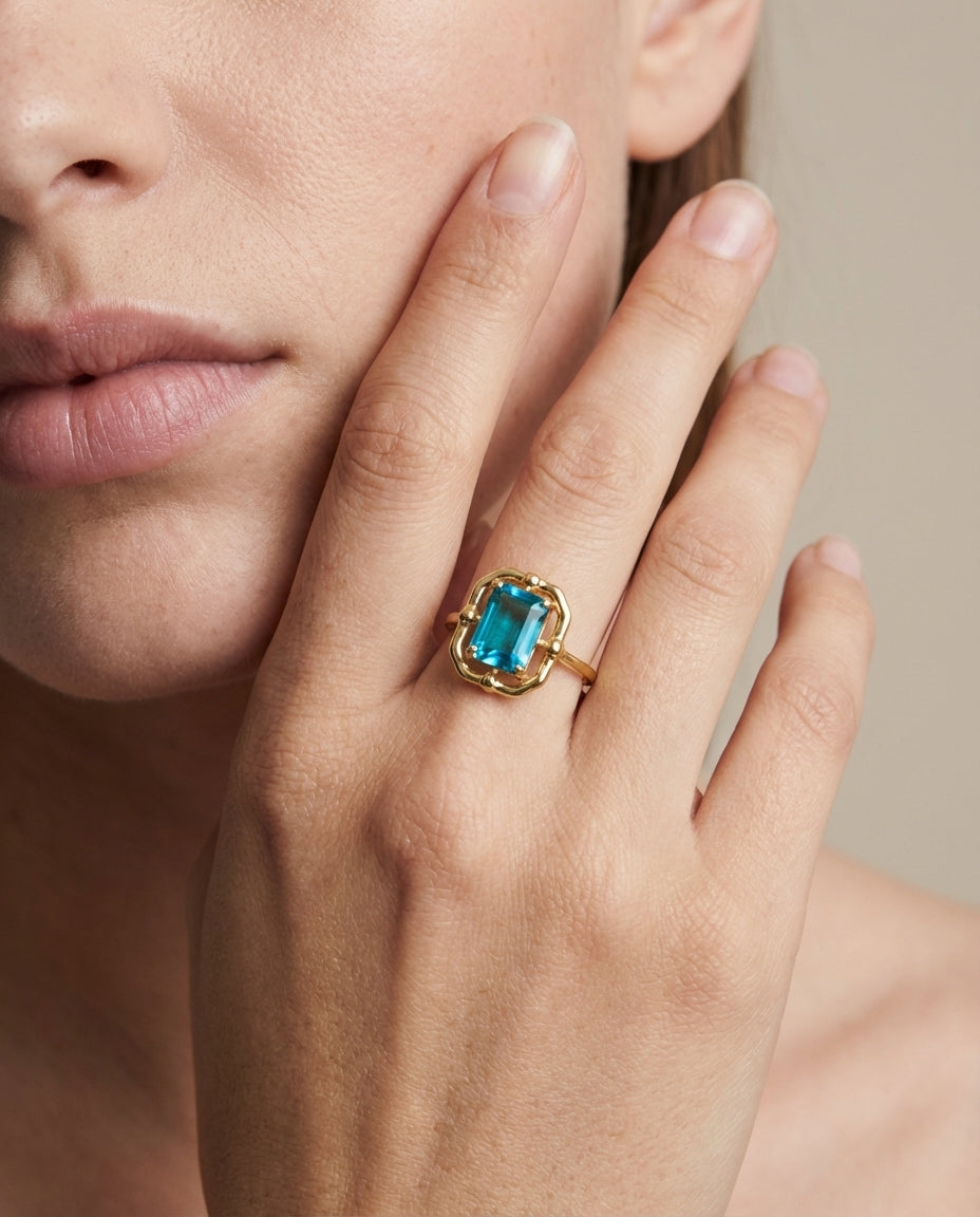 Vintage Gold Ring with Emerald Cut Blue Topaz