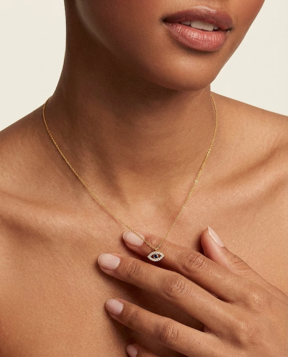 Dainty Diamond Evil Eye Necklace in 14k Gold