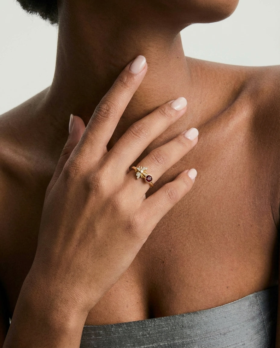 Gold Bee Ring with Birthstone & Pave Ring