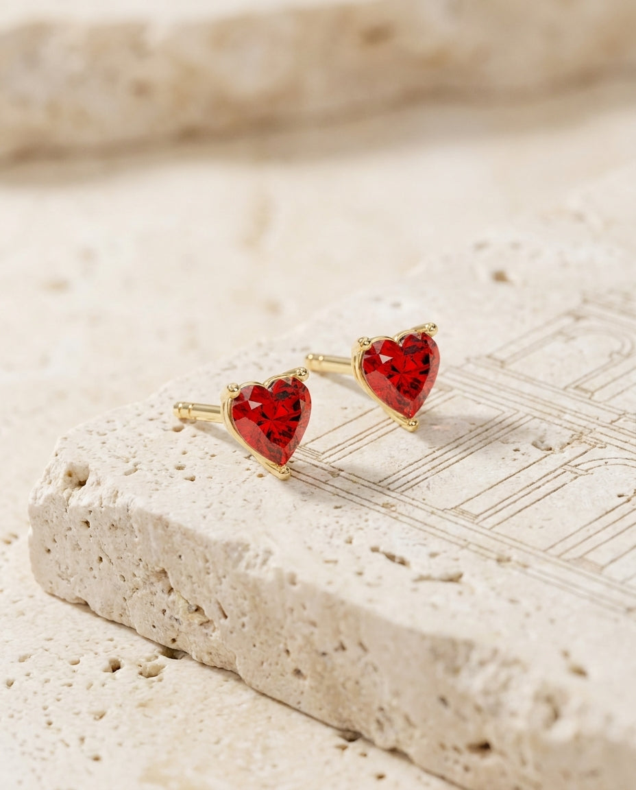 Birthstone Heart Gold Stud Earrings - Birthstone Jewelry