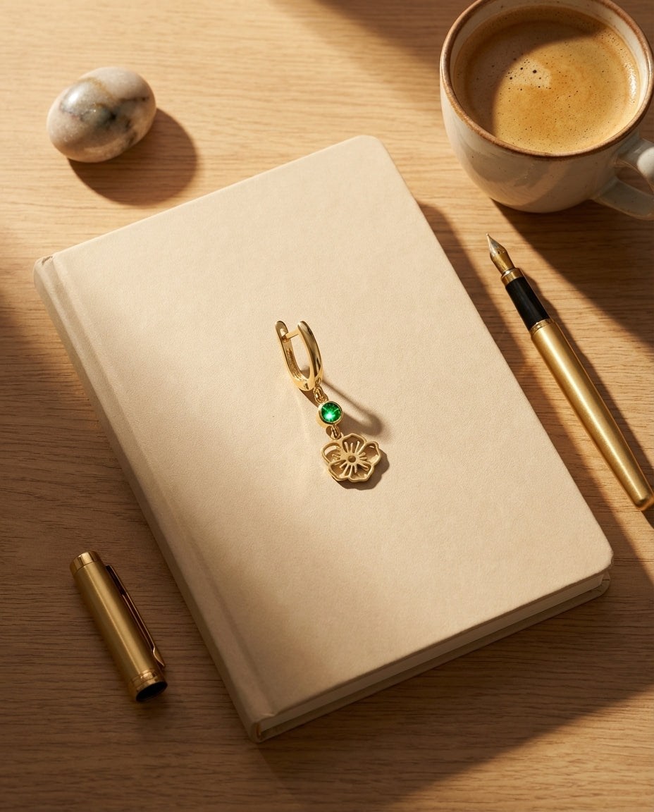 Gold Flower Dangle Hoop Earrings with Emerald Green Stone