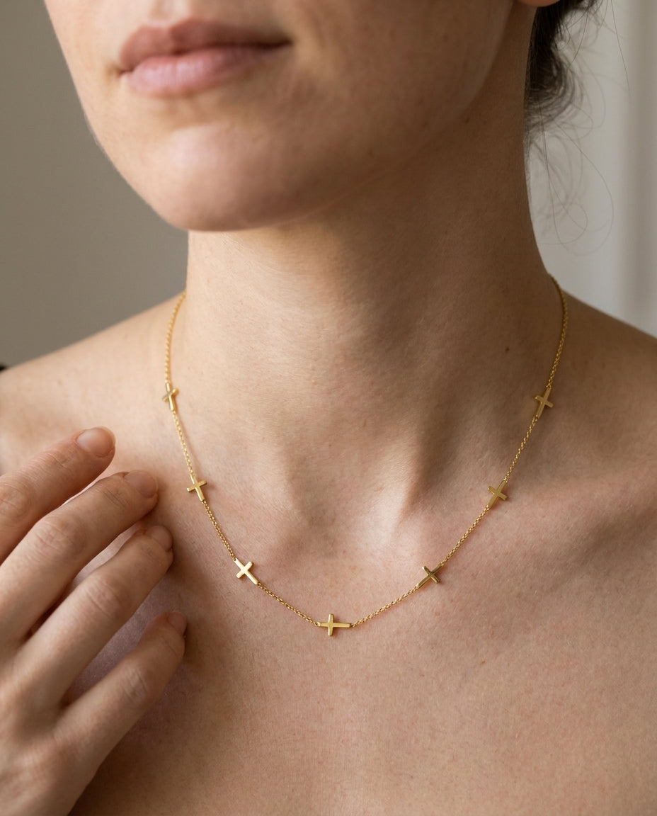 Dainty Gold Cross Station Necklace | Minimalist Faith Jewelry