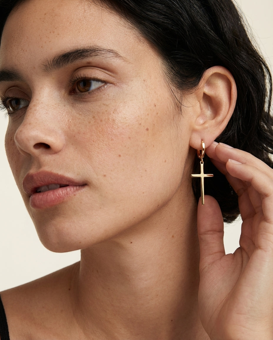Gold Cross Dangle Hoop Earrings | Minimalist Faith Jewelry
