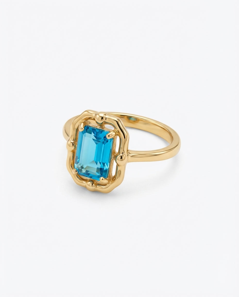 Vintage Gold Ring with Emerald Cut Blue Topaz