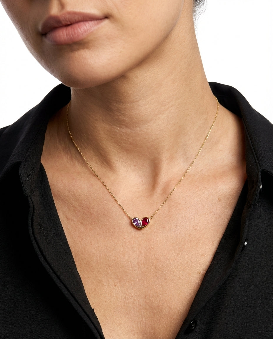 Gold Toi et Moi Heart Birthstone Necklace