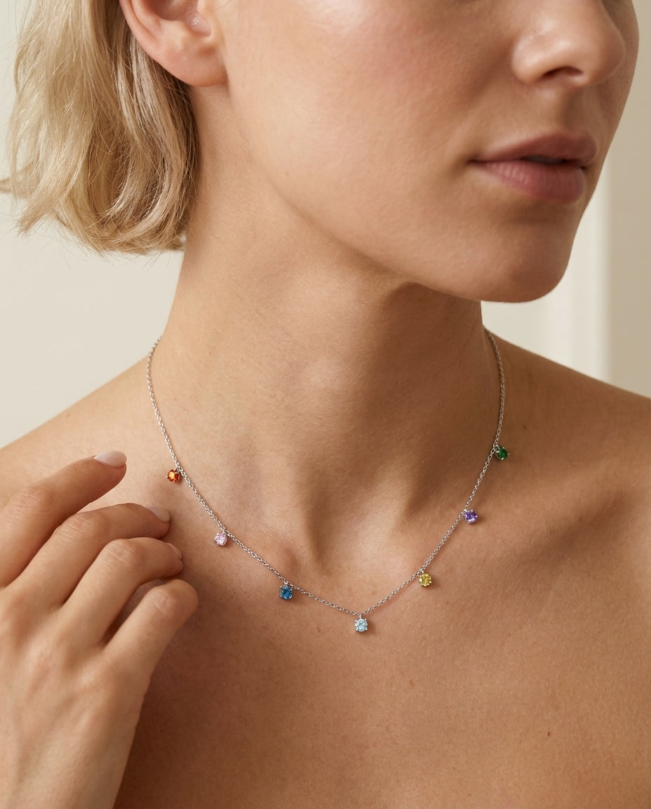 Dainty Rainbow Gemstone Station Necklace in Sterling Silver