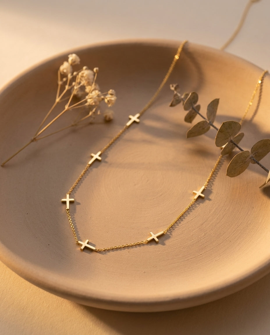 Dainty Gold Cross Station Necklace | Minimalist Faith Jewelry