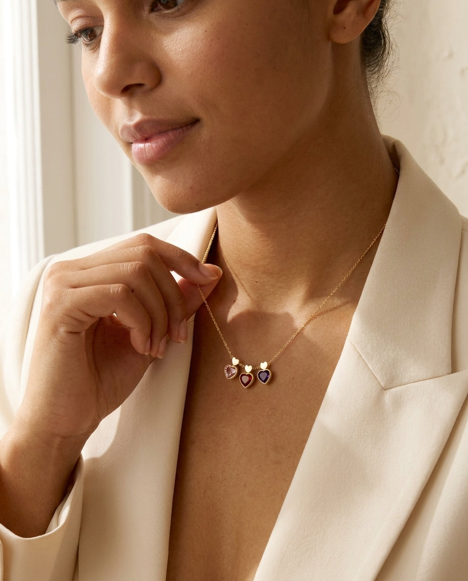 Personalized Triple Heart Birthstone Necklace in Gold