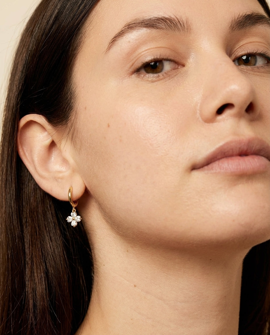 Sparkling Crystal Clover Huggie Earring | Gold Dangle Charm