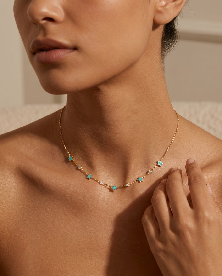 Celestial Turquoise Star & Mosanite Gold Necklace