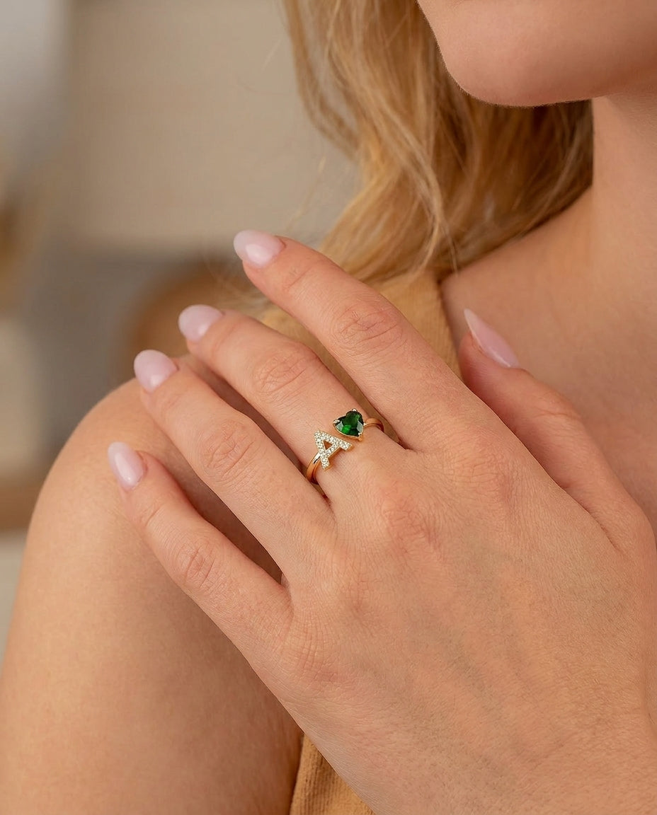 Personalized Gold Initial Ring with Heart Birthstone