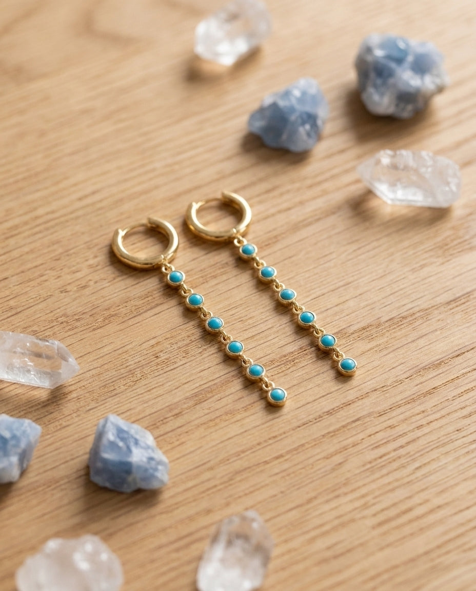 Elegant Turquoise Chain Drop Gold Hoop Earrings