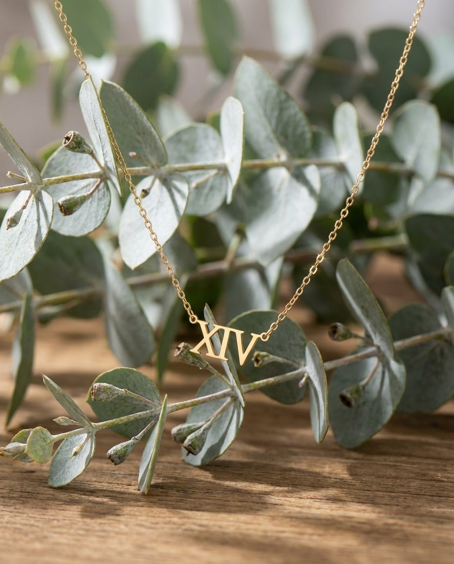 Gold Roman Numeral XIV Necklace | Dainty Number Pendant