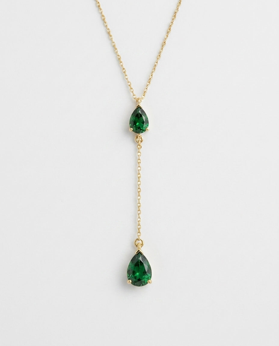 Emerald Green Teardrop Lariat Necklace | Dainty Gold Y-Necklace