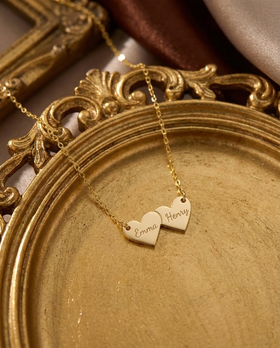Personalized Double Heart Name Necklace - Custom Gold Jewelry Gift