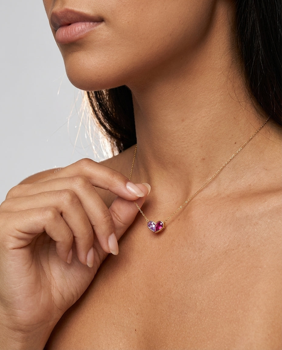 Gold Toi et Moi Heart Birthstone Necklace