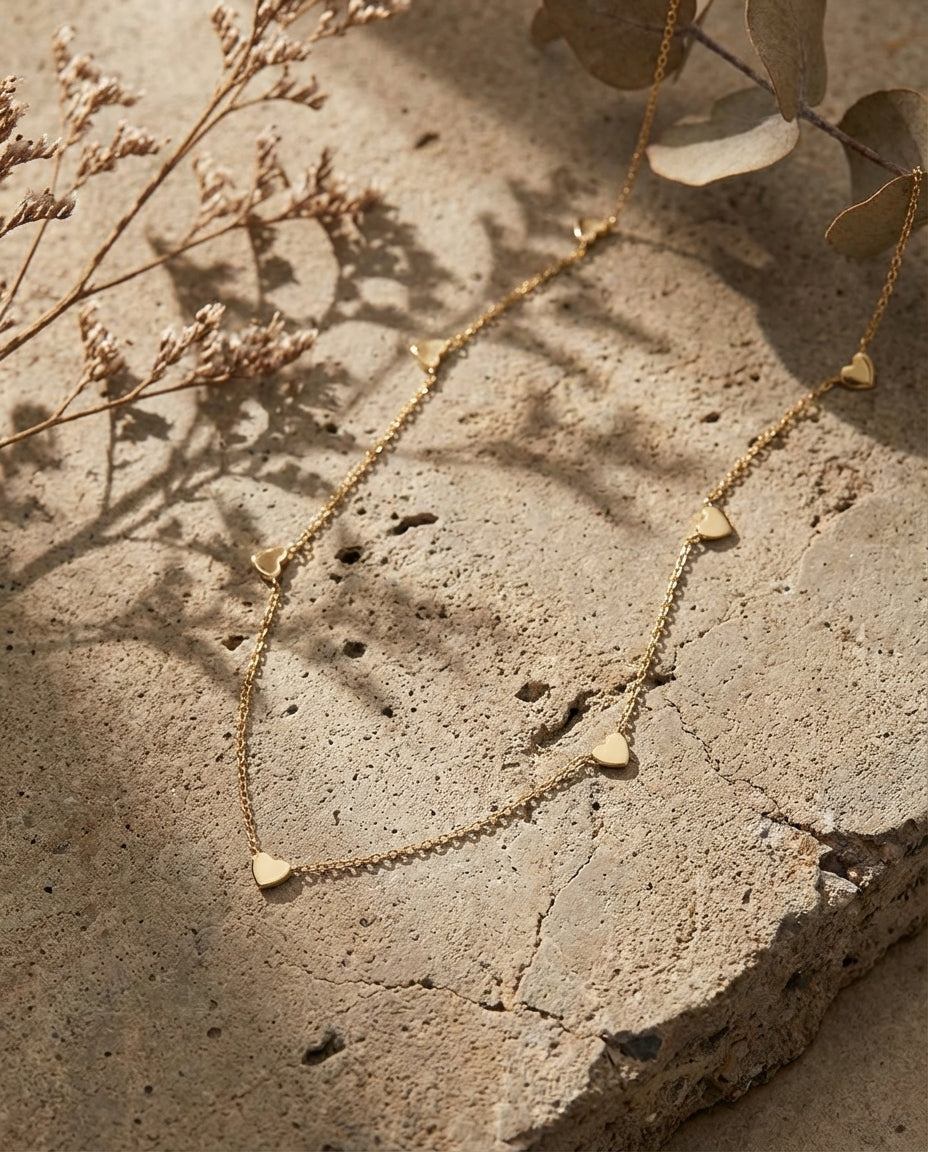 Dainty Gold Heart Station Necklace | Minimalist Charm Jewelry