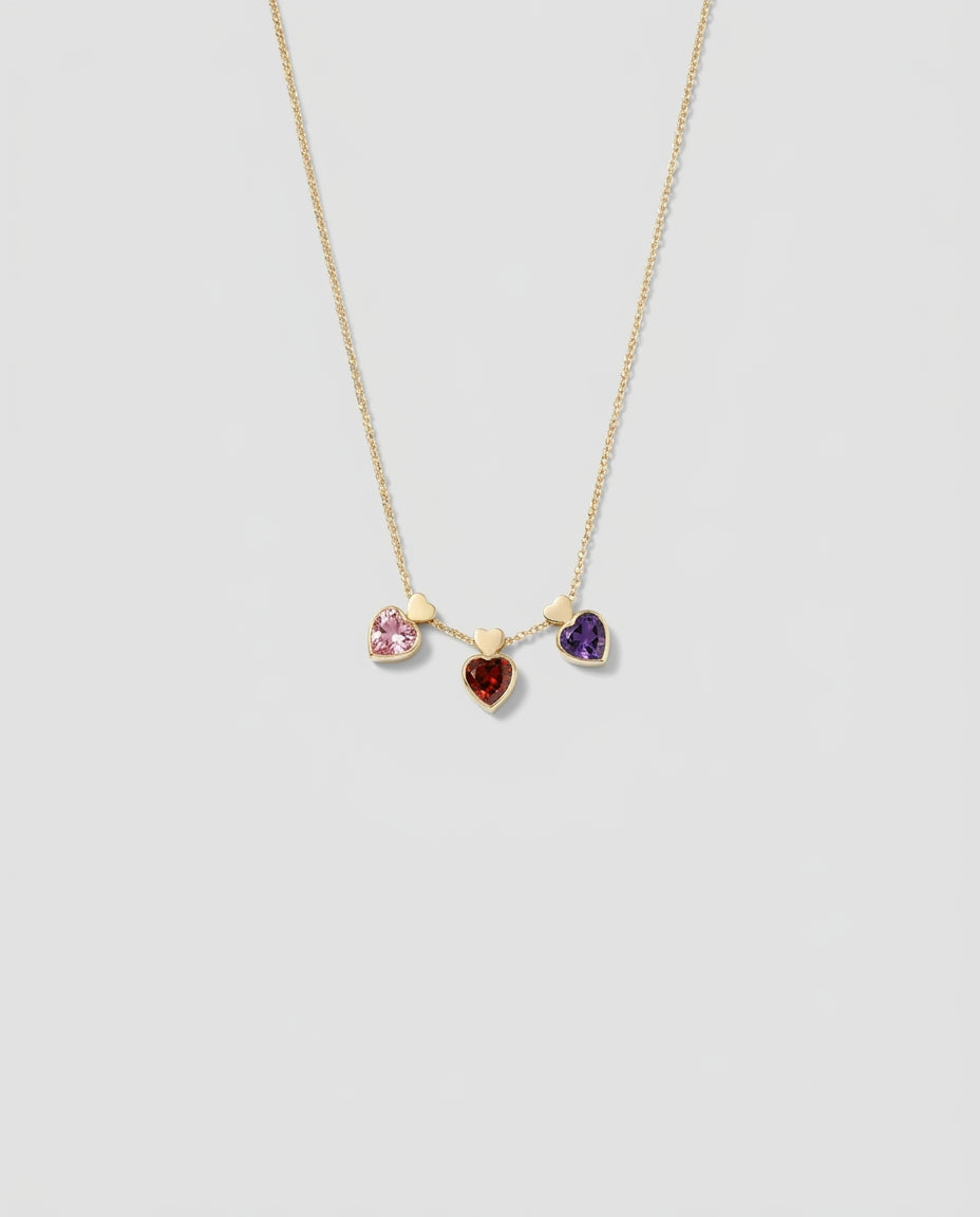 Personalized Triple Heart Birthstone Necklace in Gold