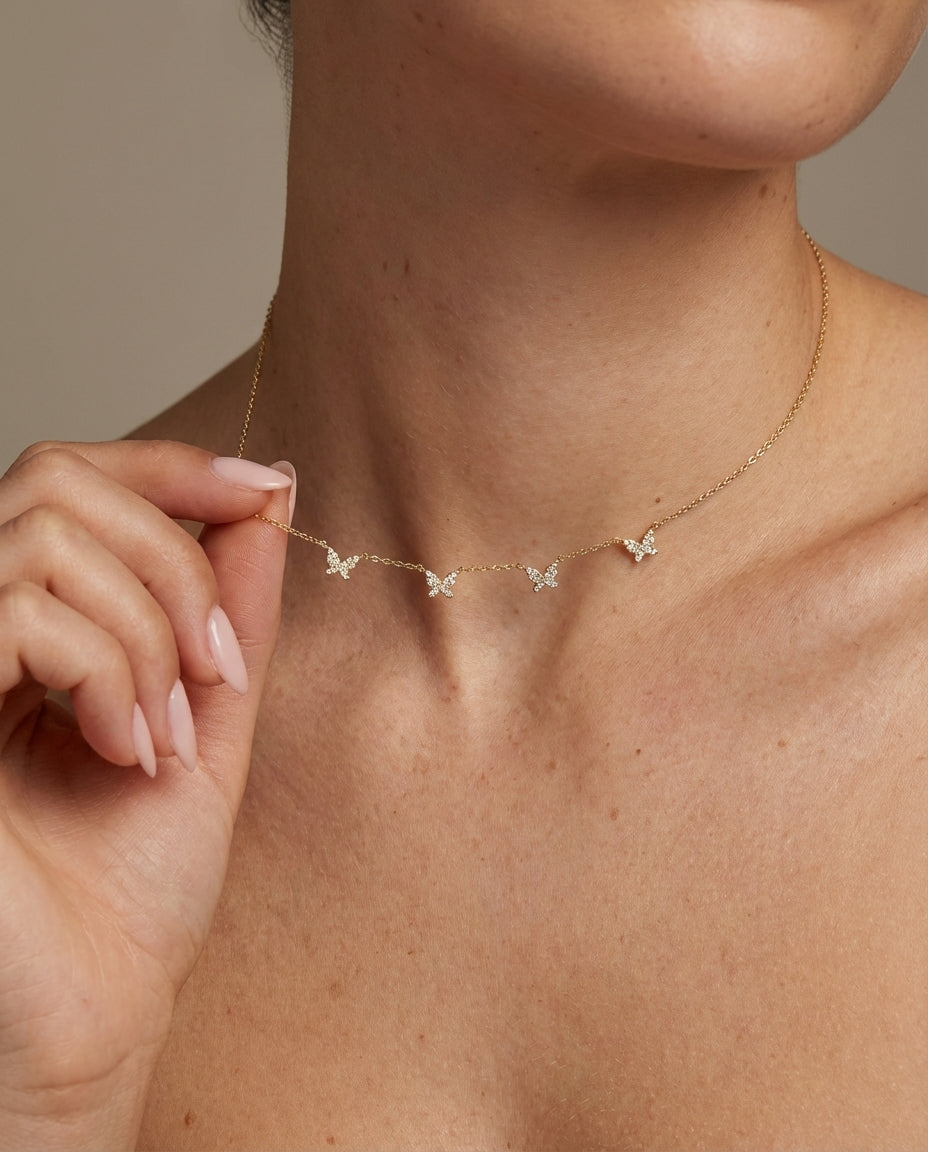 Dainty Pavé Diamond Butterfly Station Necklace in Gold