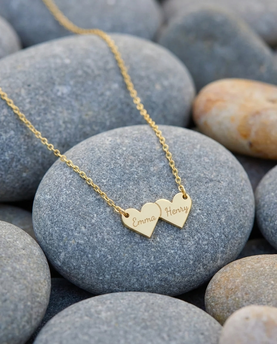 Personalized Double Heart Name Necklace - Custom Gold Jewelry Gift