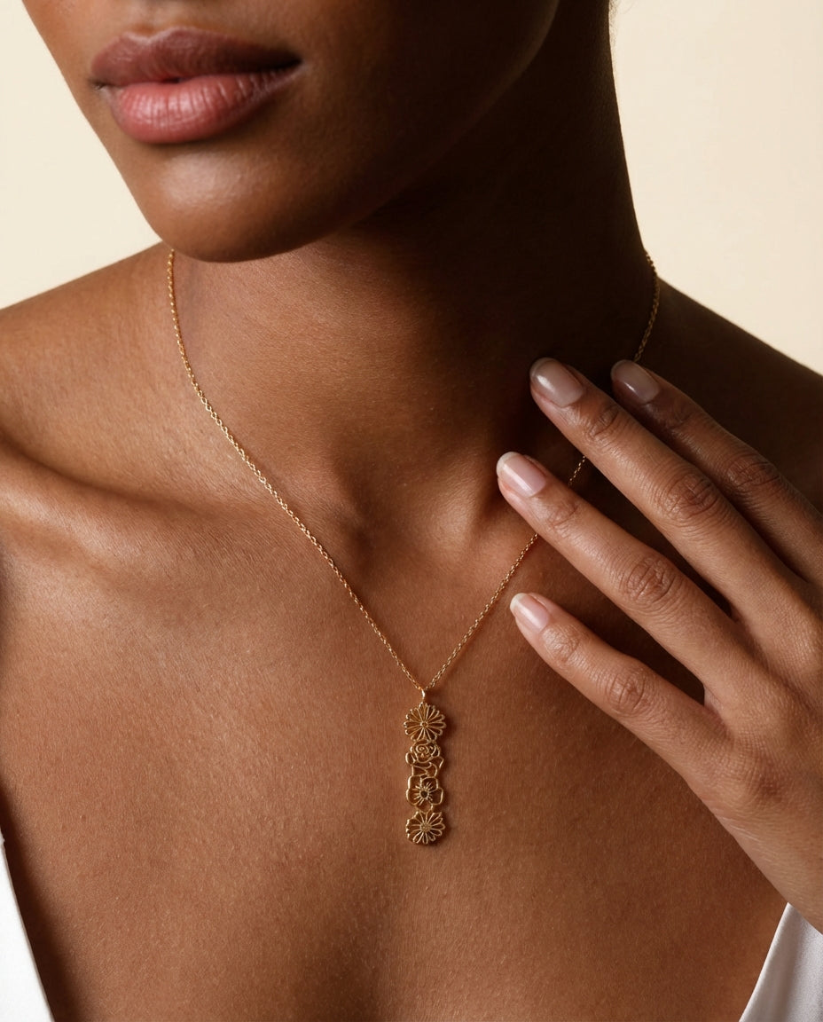 Vertical Gold Birth Flower Necklace | Personalized Floral Charm