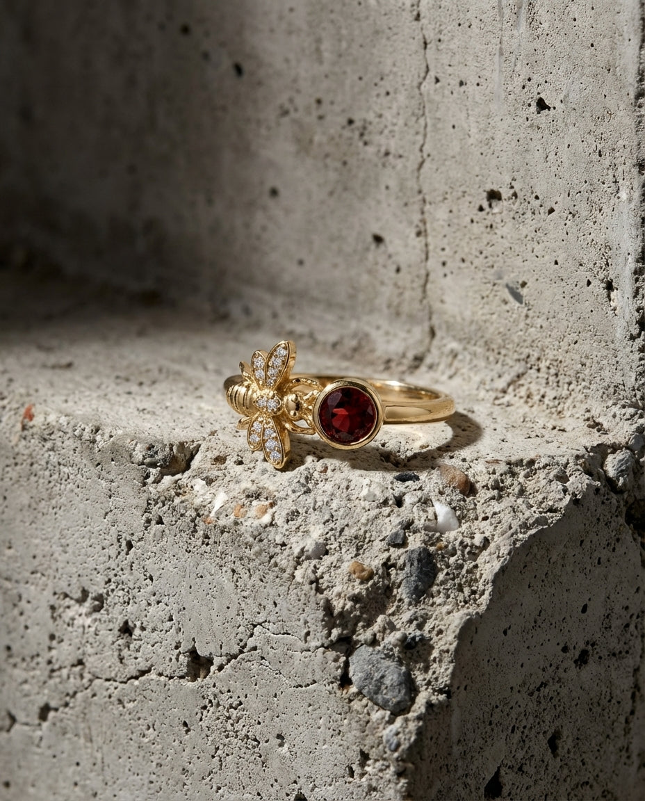 Gold Bee Ring with Birthstone & Pave Ring