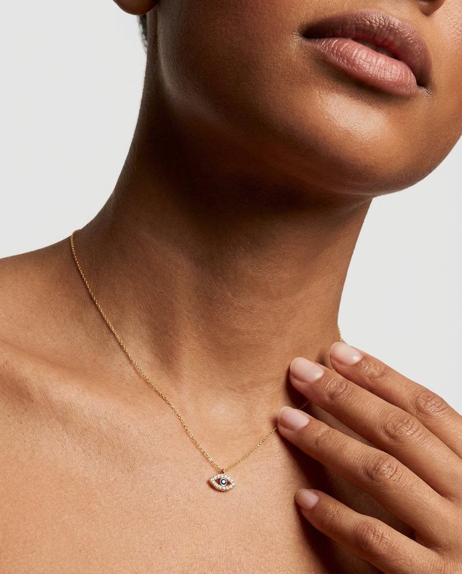 Dainty Diamond Evil Eye Necklace in 14k Gold