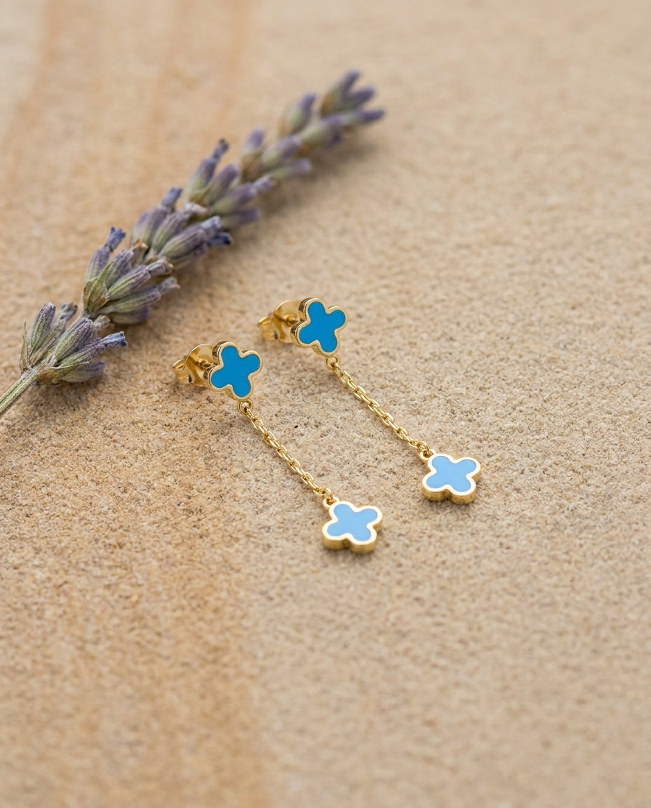 Blue Clover Gold Dangle Earrings - Enamel Drop Studs