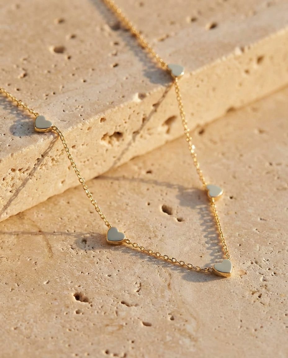 Dainty Gold Heart Station Necklace | Minimalist Charm Jewelry