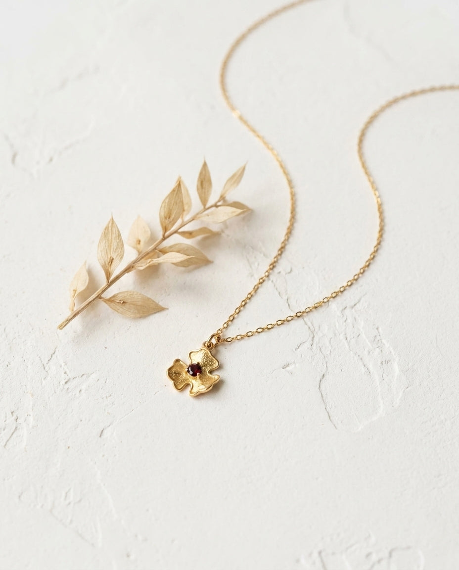 Gold Poppy Flower Necklace with Birthstone