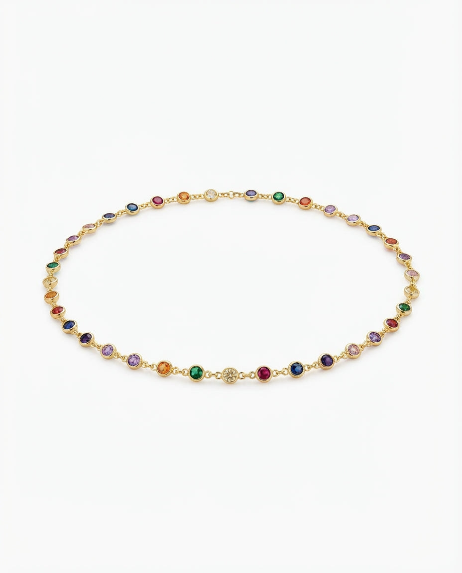 Vivid Rainbow Gemstone Gold Station Necklace