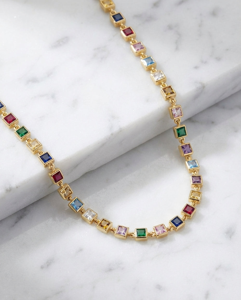 Rainbow Crystal Tennis Necklace - Gold Square-Cut Choker