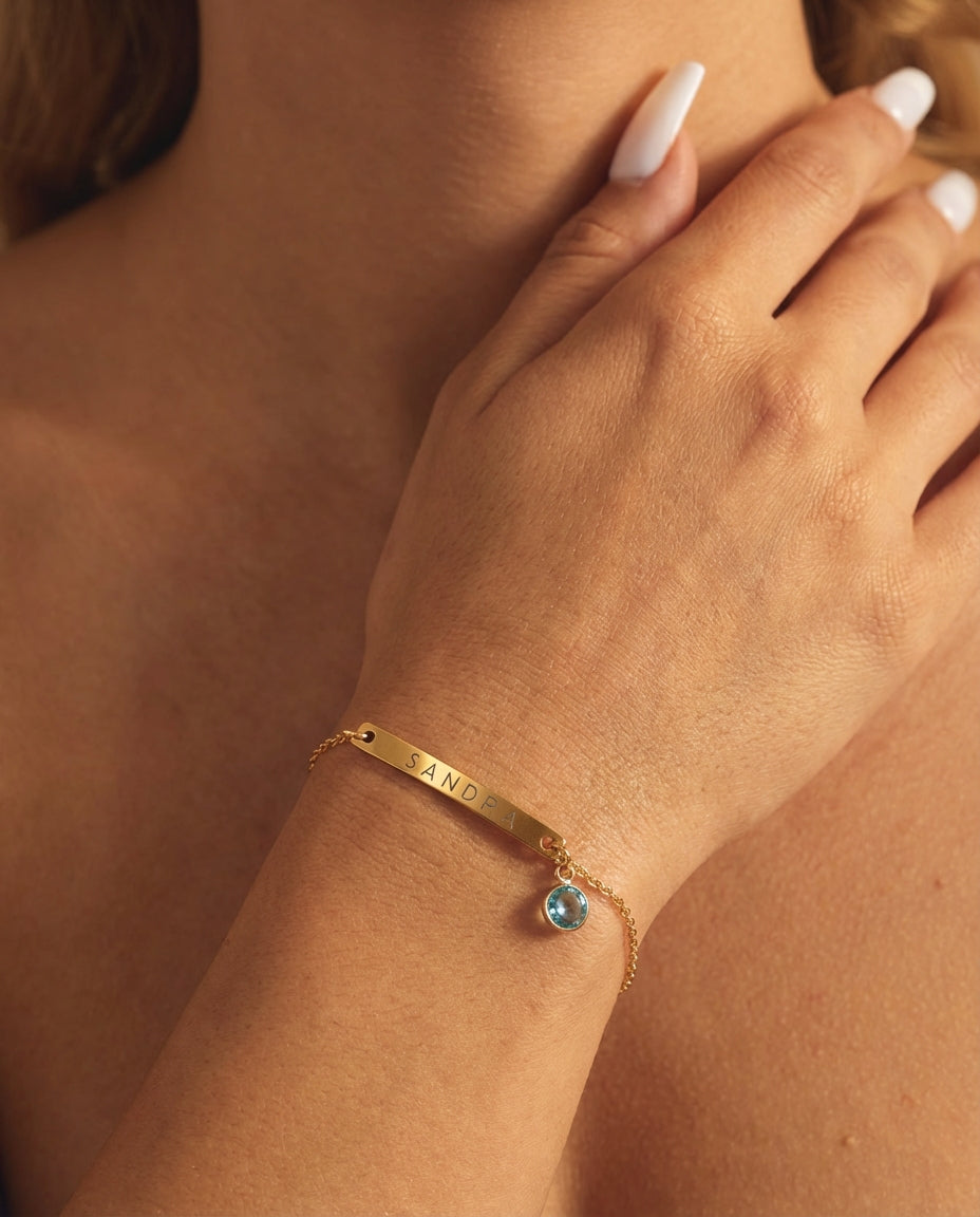 Personalized Gold Bar Bracelet with Birthstone - Engraved Name Jewelry