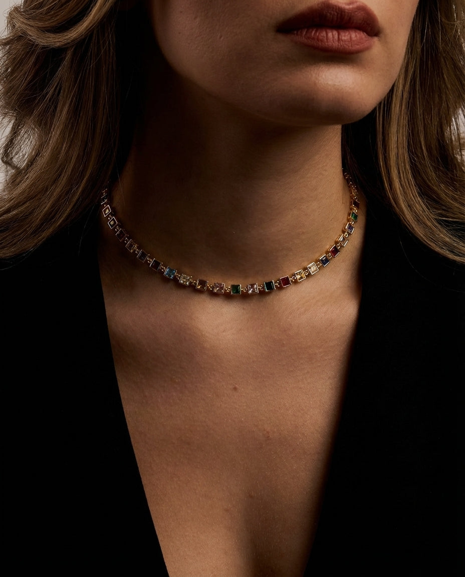 Rainbow Crystal Tennis Necklace - Gold Square-Cut Choker