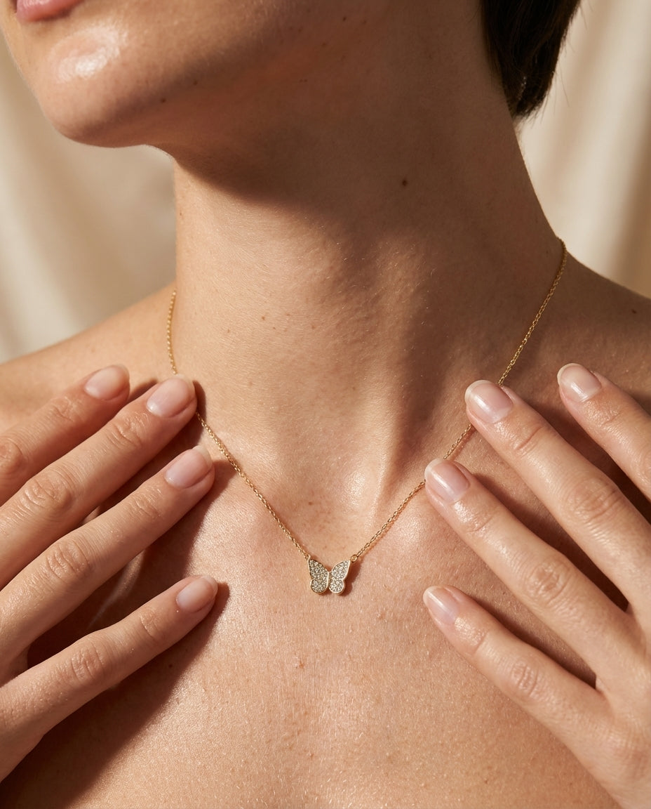 Dainty Gold Butterfly Necklace with Pave Diamonds