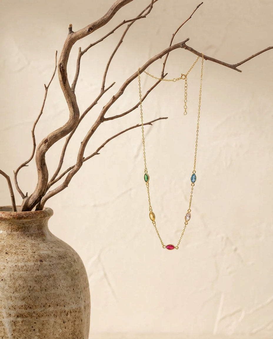 Dainty Rainbow Marquise Gemstone Station Necklace in Gold