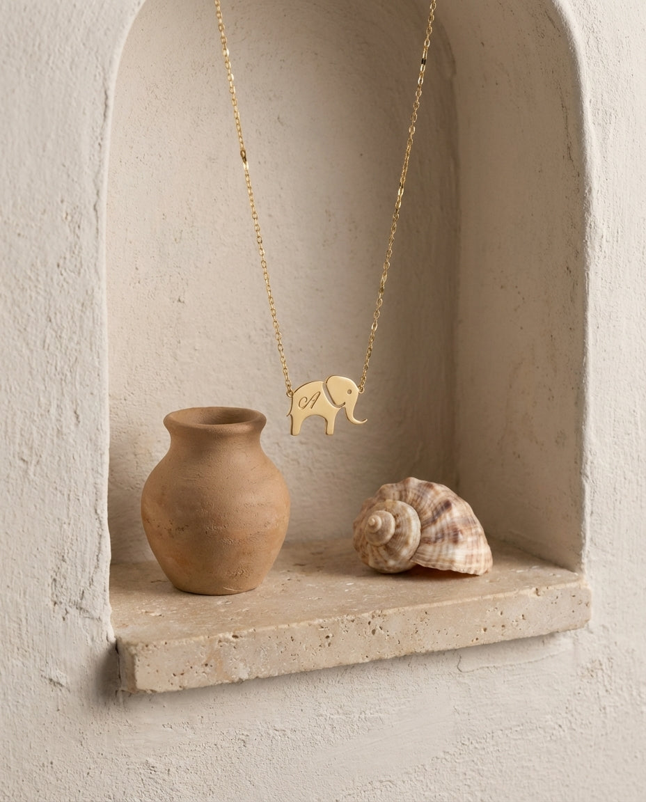 Personalized Initial Elephant Necklace in Gold - Dainty Charm Gift