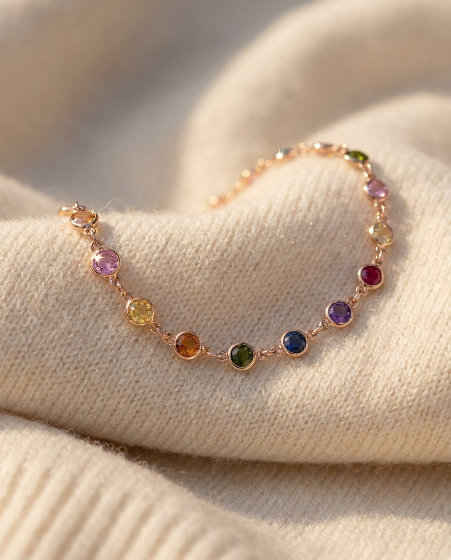 Rainbow Gemstone Bezel Chain Ankle Bracelet in Gold