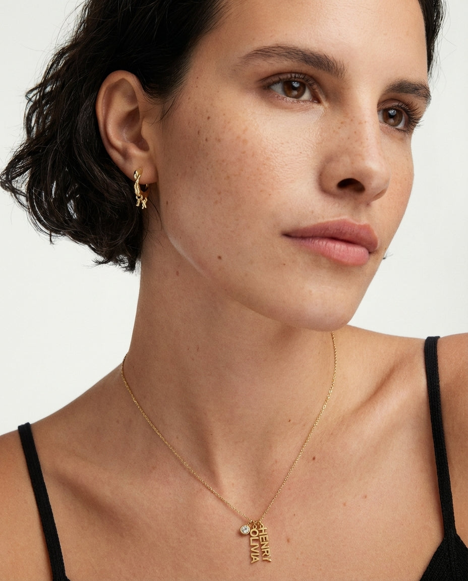 Personalized Vertical Name Necklace with Birthstone in Gold