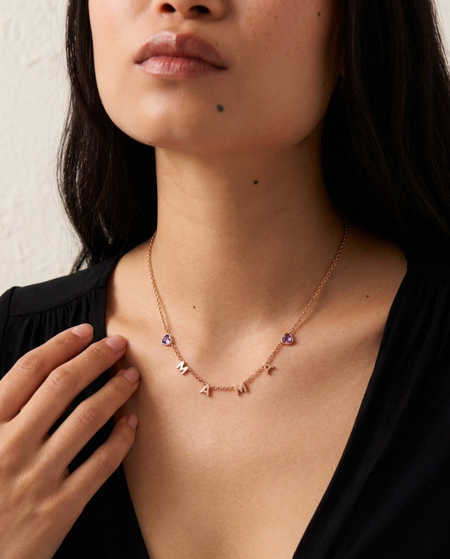 Rose Gold MAMA Necklace with Custom Heart Birthstones