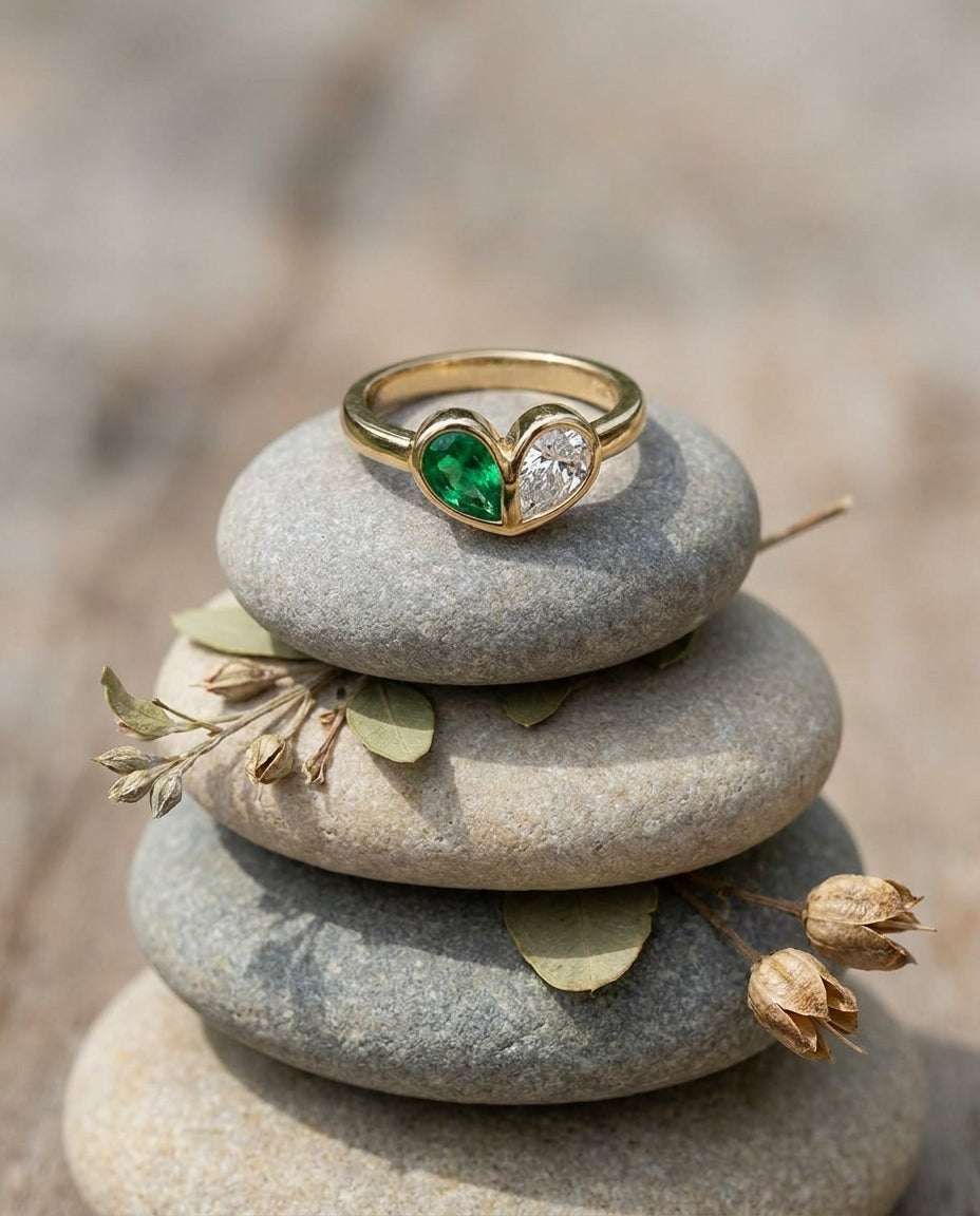 Birthstone Heart Toi et Moi Gold Ring - Birthstone Jewelry