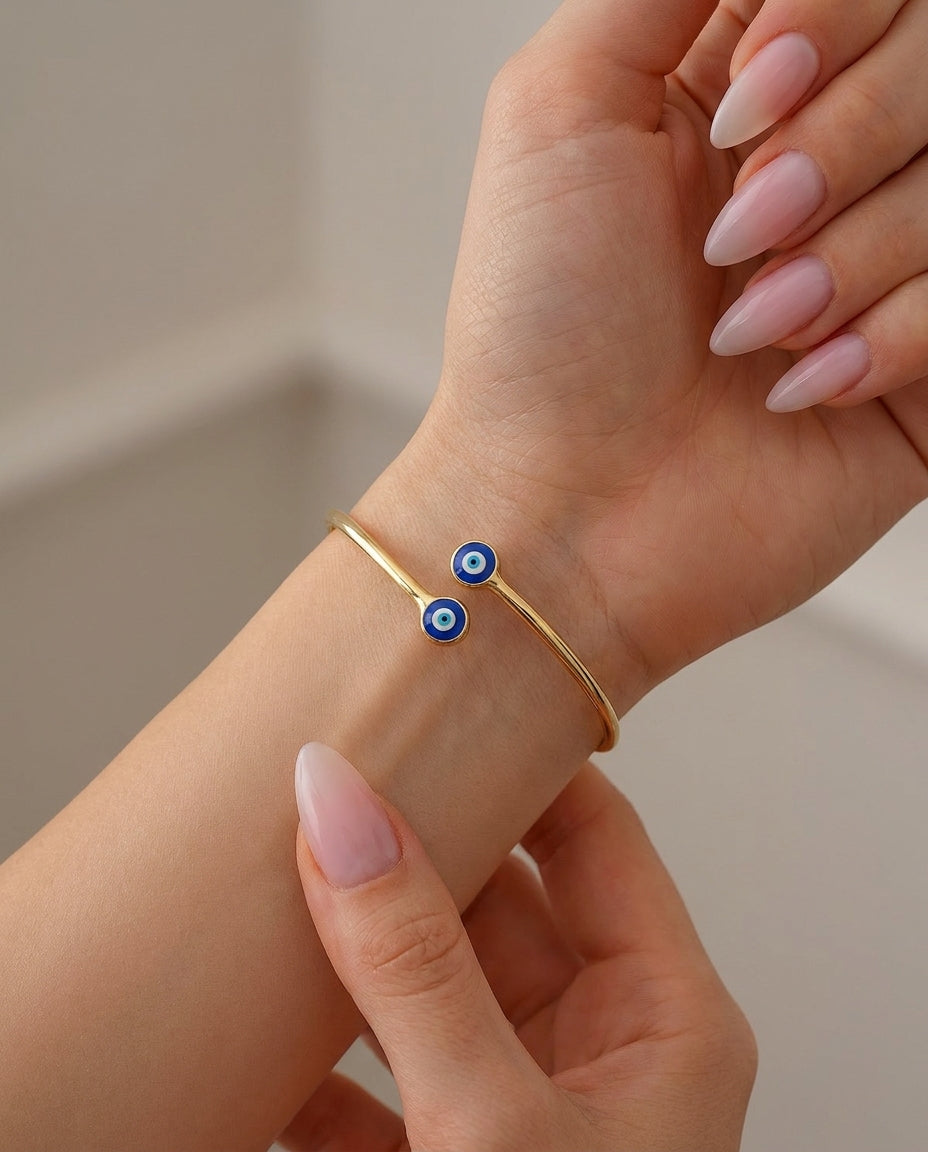 Gold Plated Double Evil Eye Cuff Bracelet for Women