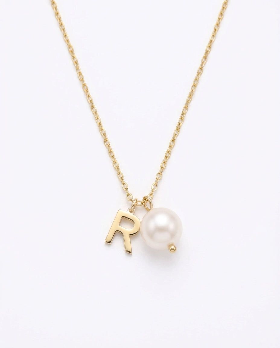 Gold Initial Pearl Necklace - Personalized Letter Charm Jewelry