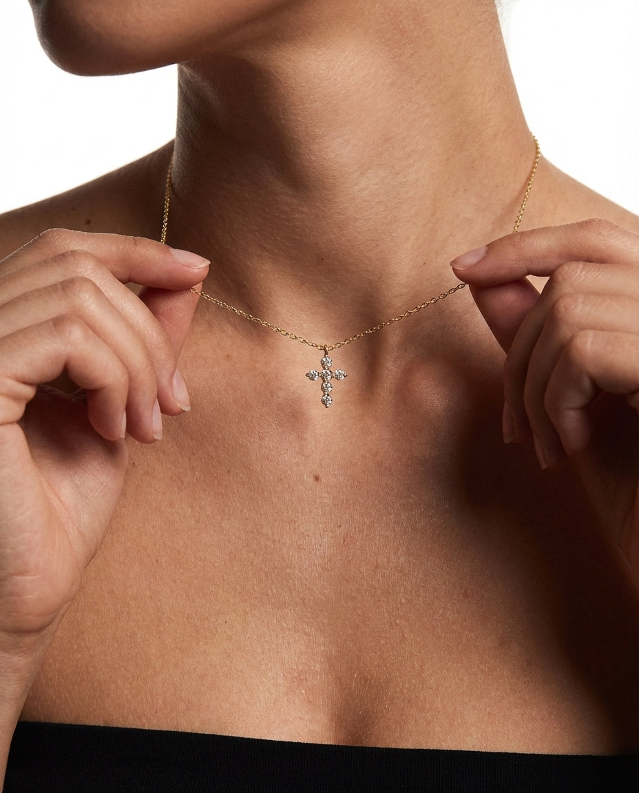 Dainty Pave Crystal Cross Necklace in Gold