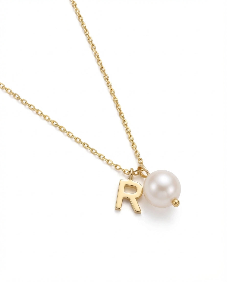 Gold Initial Pearl Necklace - Personalized Letter Charm Jewelry